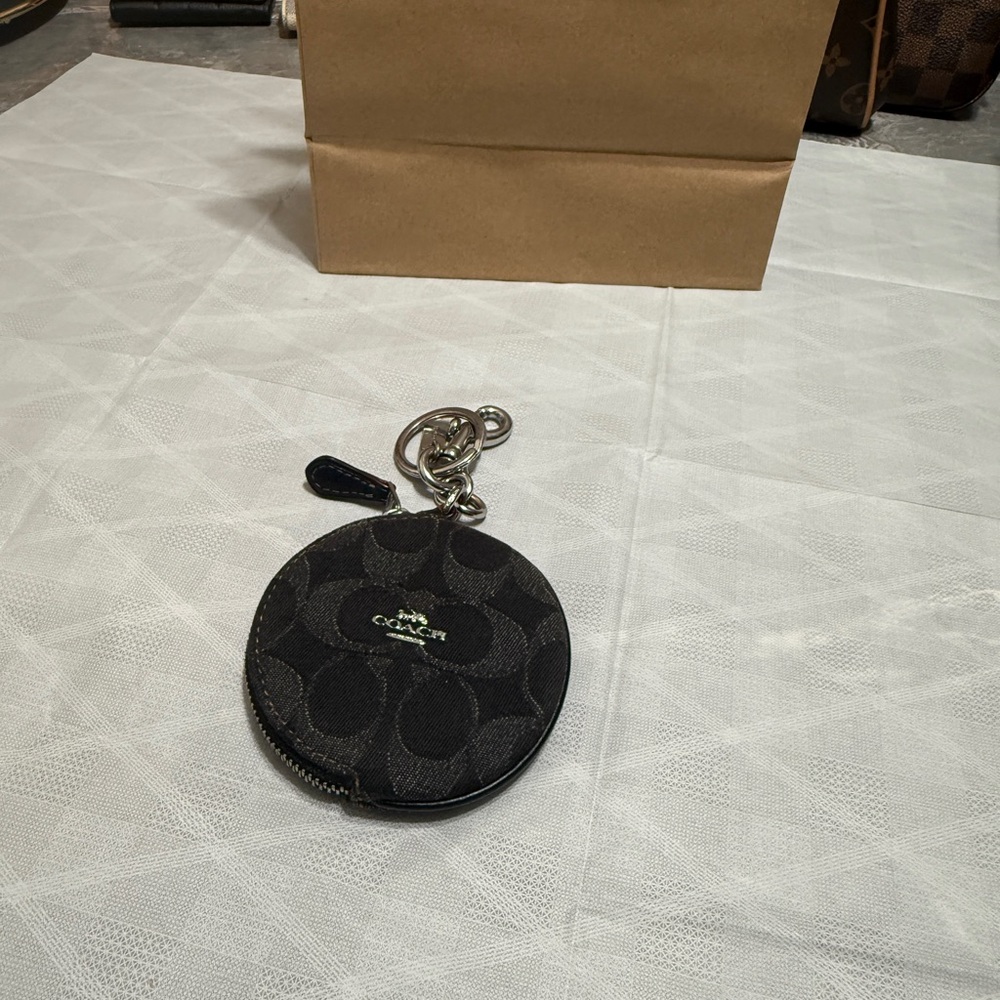 Coach Black Signature Round Coin Pouch Key Clip